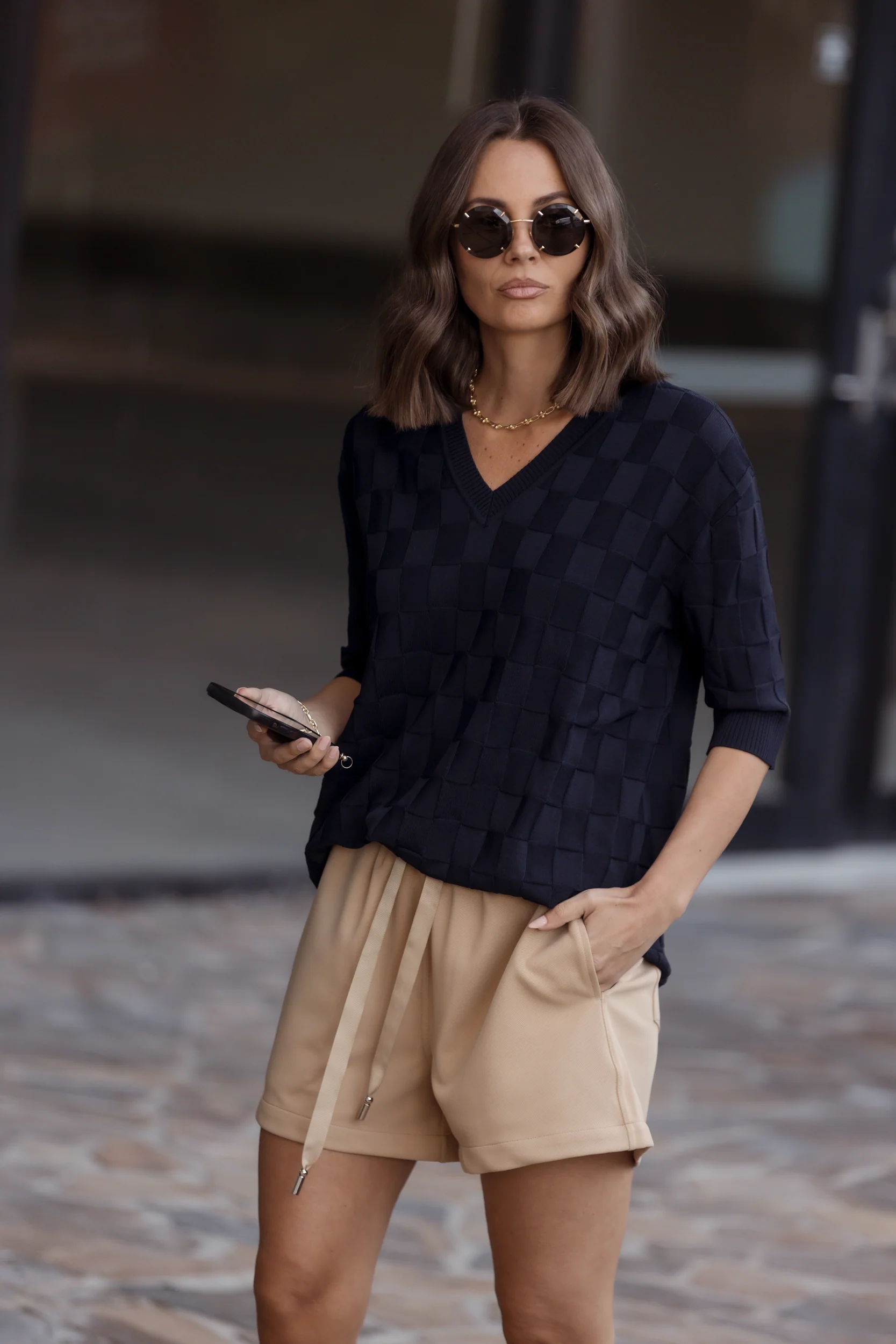 LUX V Knit Top Navy