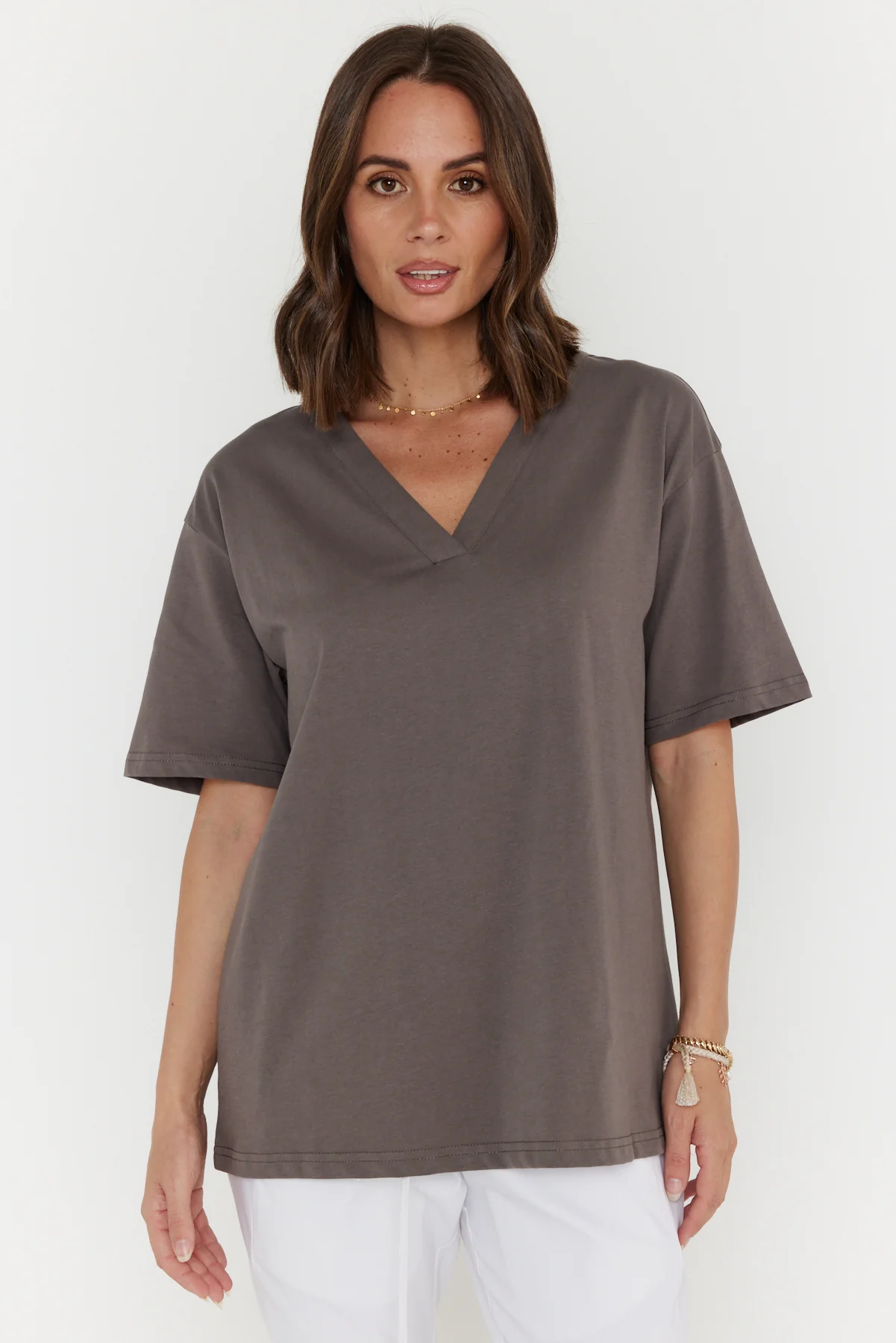 NIX V-Neck T-Shirt Taupe Brown - Image 6